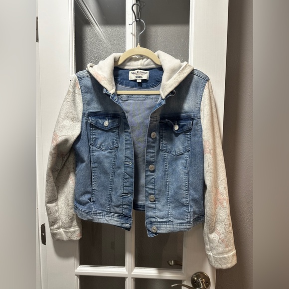 Wallflower Dreamer Knit-Sleeve Hooded Jean Jacket - Picture 2 of 11